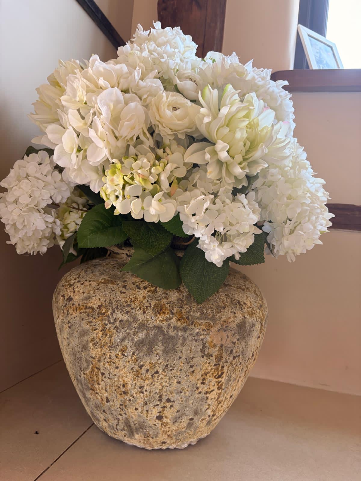 Faux Flower Arrangement in Stone Pot
