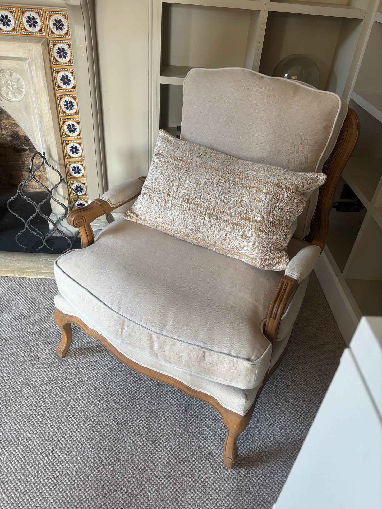 Pair of Beige Carver Chair with Upholstery and Rattan Back