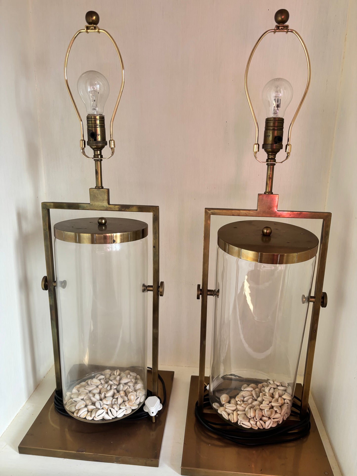 Visual Comfort Pair Large Lamps Glass and Brass with Seashells Inside no shades