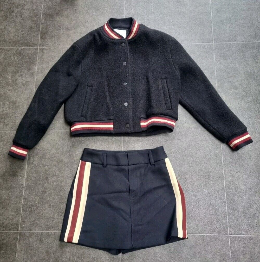 BNWT Ba&sh Women's Black Wool Bomber Jacket & Polyester Skort Set Size 0 /34