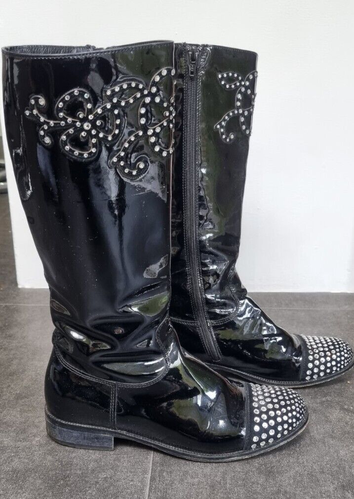 Vero Cuoio Girls Black Patent Leather With Diamanté Boots Size 36