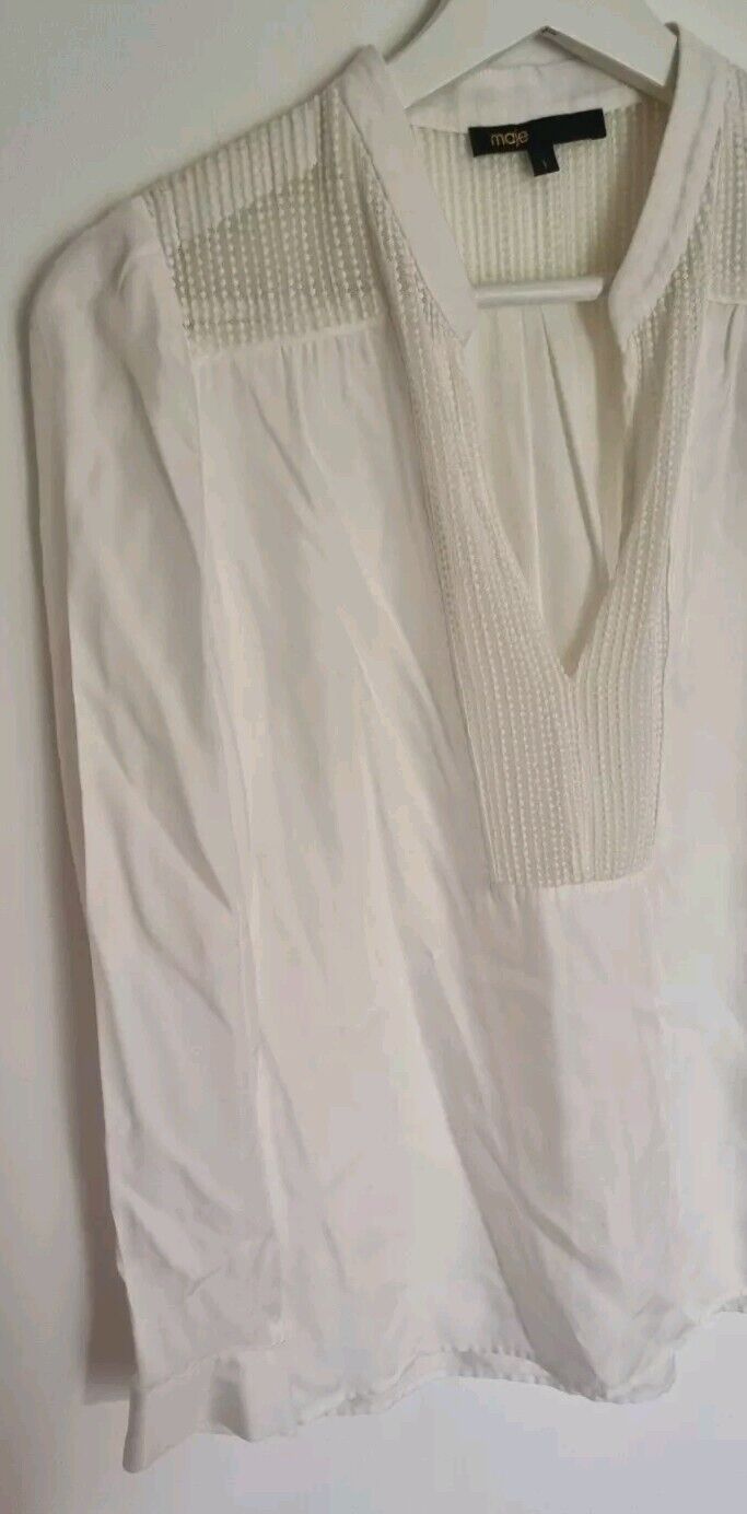 Maje Women's Ivory Long Sleeved V Neck Blouse With Lace Detail Size 1