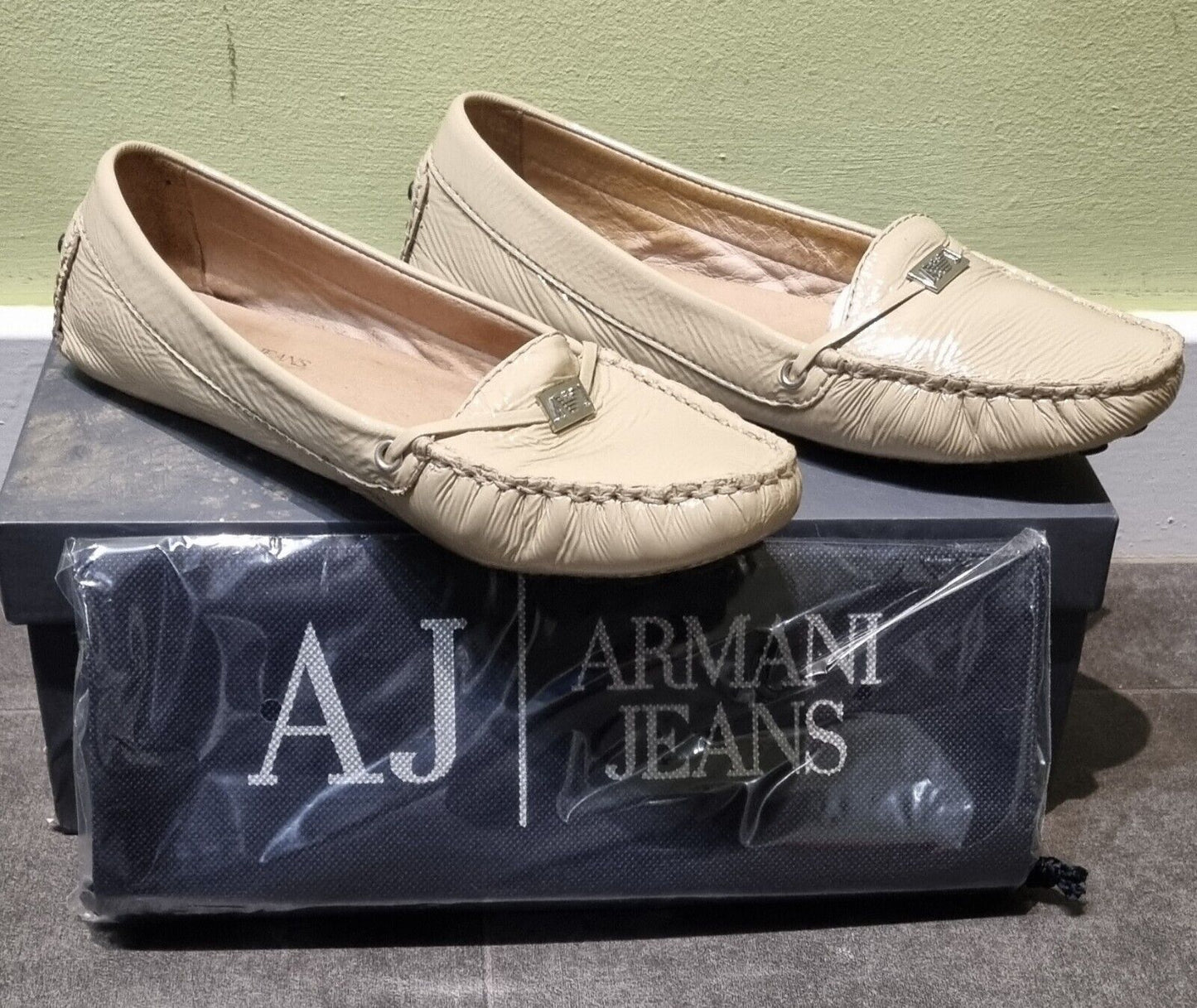 AJ Jeans By Armani Women's Flat Patent Leather Shoes UK 3.5 With Box & Dust Bag