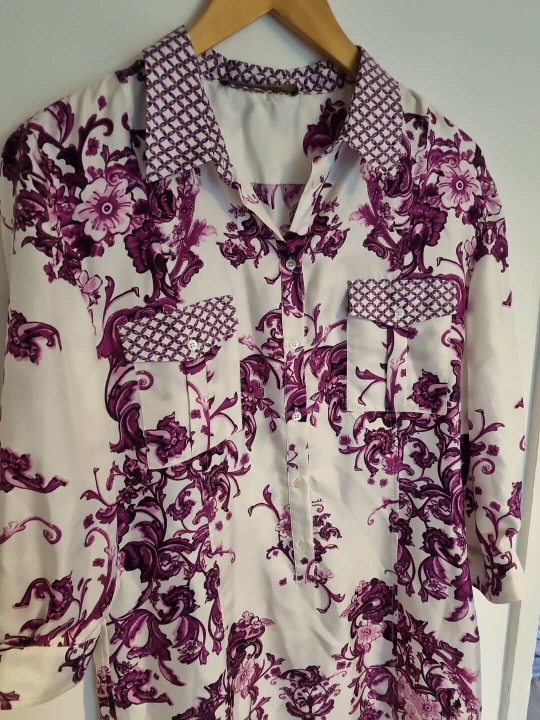 Roberto Cavalli Women's White & Purple Floral Silk Collared Shirt Dress Size 46