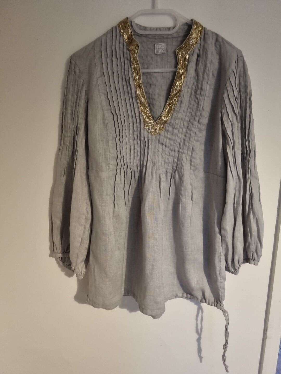 120% Lino Women's Linen, Grey With Gold Neck Tunic Blouse Top Size 44