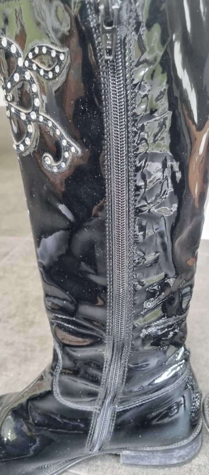 Vero Cuoio Girls Black Patent Leather With Diamanté Boots Size 36