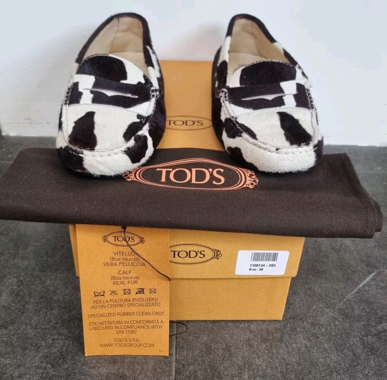 BNWT Tod's Cowhide Design Calfs Hide Gommini Doppia Womens Brown Loafers Size 36