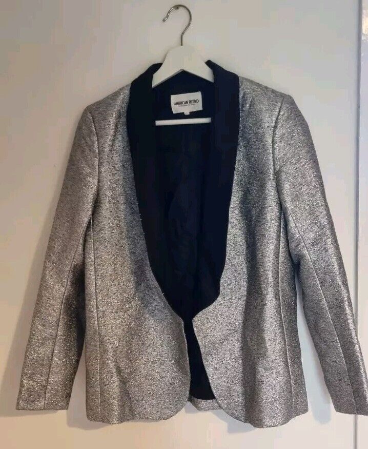 American Retro Women's Metalic Silver Tuxedo Jacket Size 38
