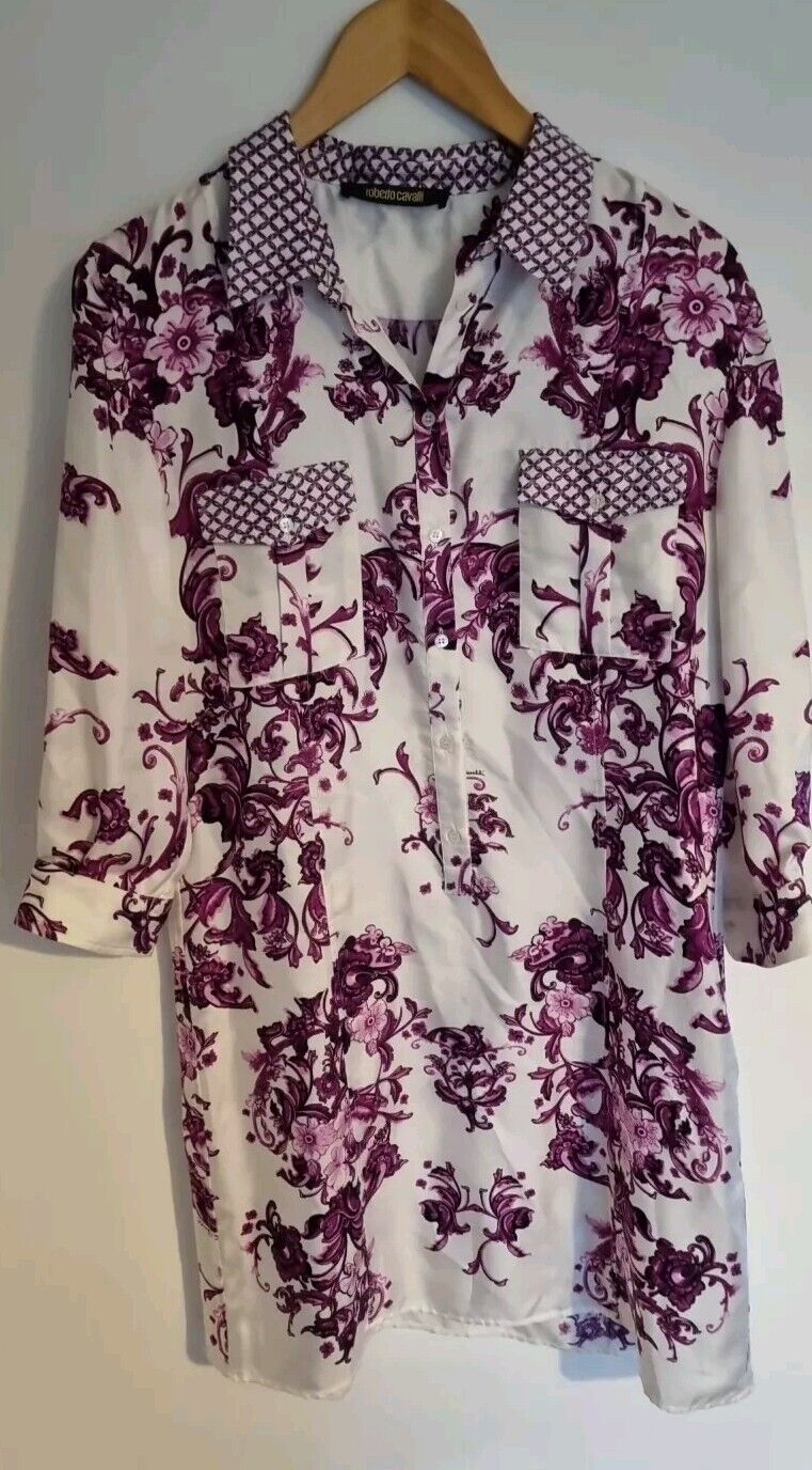Roberto Cavalli Women's White & Purple Floral Silk Collared Shirt Dress Size 46