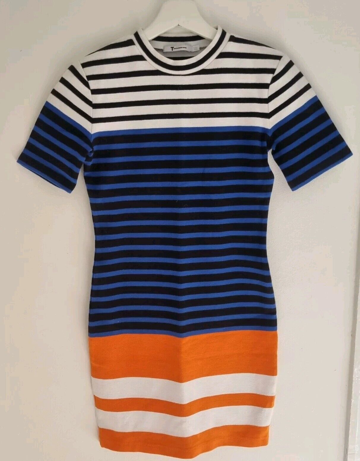 T By Alexander Wang Women's Blue, Orange And White Striped Mini Dress Size Small