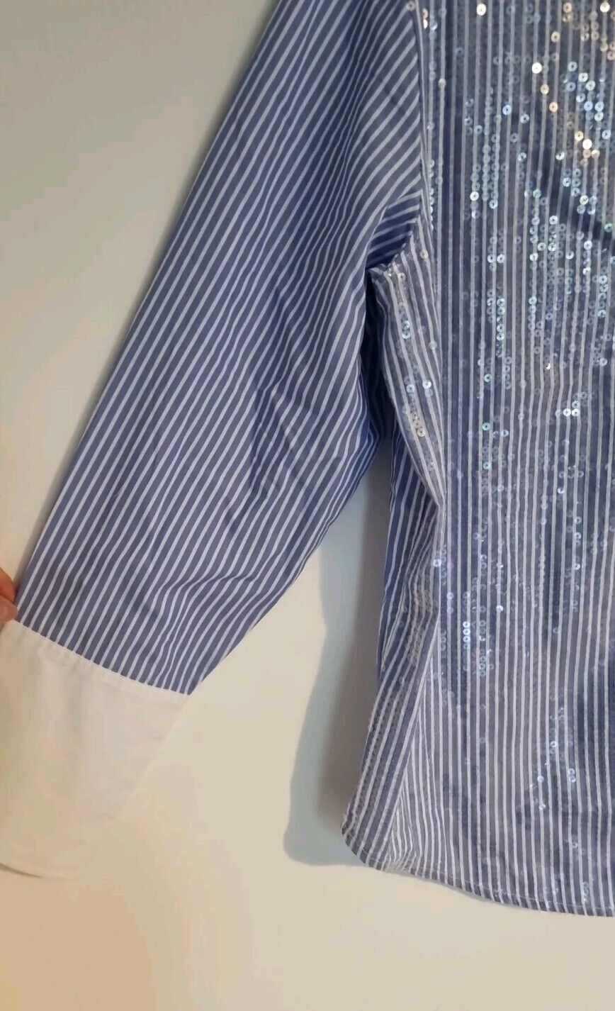 J Crew Women's Blue Striped Sequinned Long Sleeved 100% Cotton Shirt Size 10
