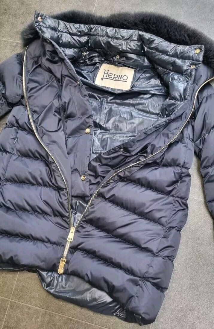 Herno Women's Navy Blue Lightweight Down Insulated Coat Detachable Fur Collar 48