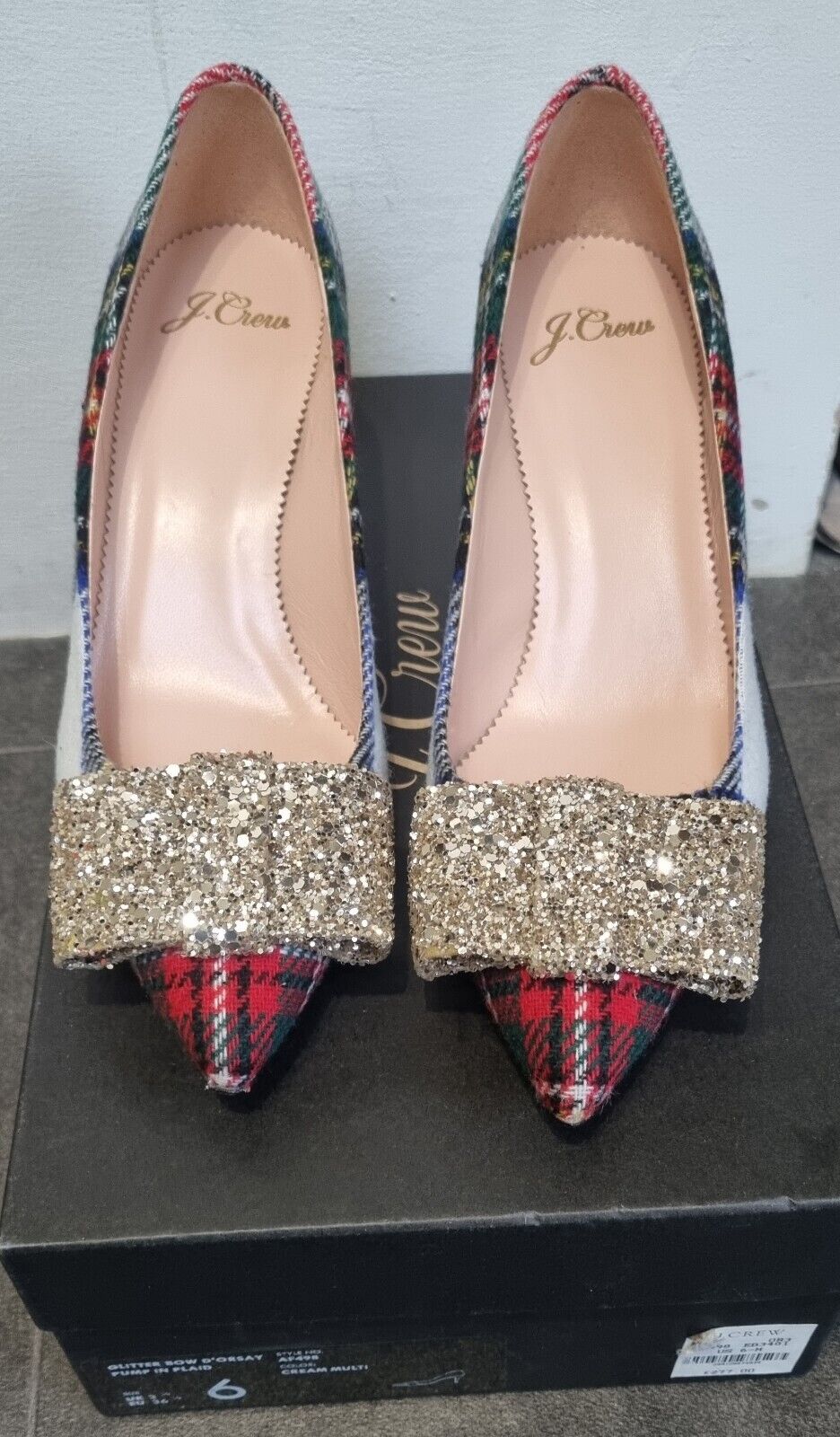 BNWT J Crew Tarten Women's Heals With Glitter Sequinned Bows In Box Size 6