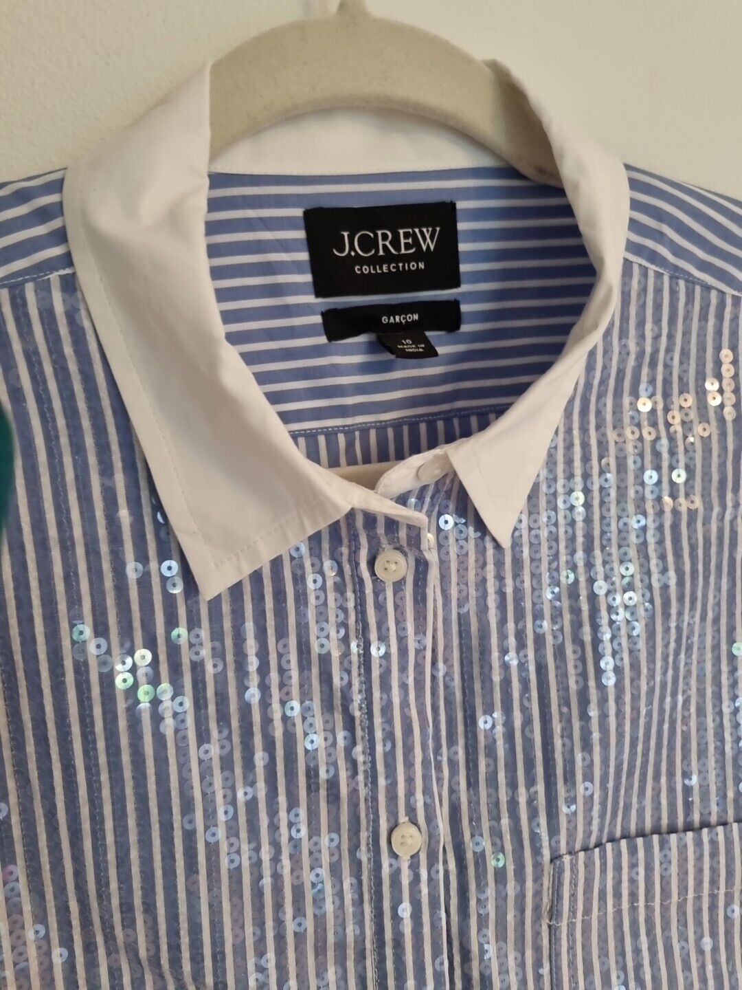 J Crew Women's Blue Striped Sequinned Long Sleeved 100% Cotton Shirt Size 10