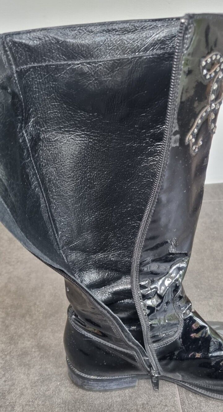 Vero Cuoio Girls Black Patent Leather With Diamanté Boots Size 36