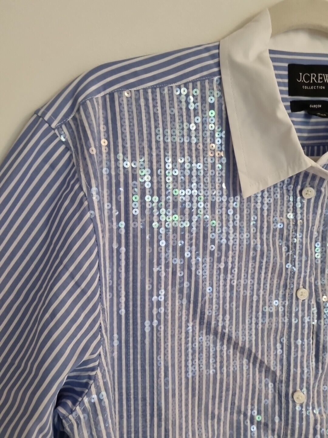 J Crew Women's Blue Striped Sequinned Long Sleeved 100% Cotton Shirt Size 10
