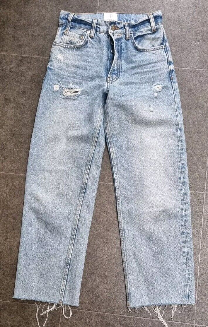 Anine Bing Women's Blue Wide Leg, Button Fly, Ripped, Frayed Ankle Jeans Size 23