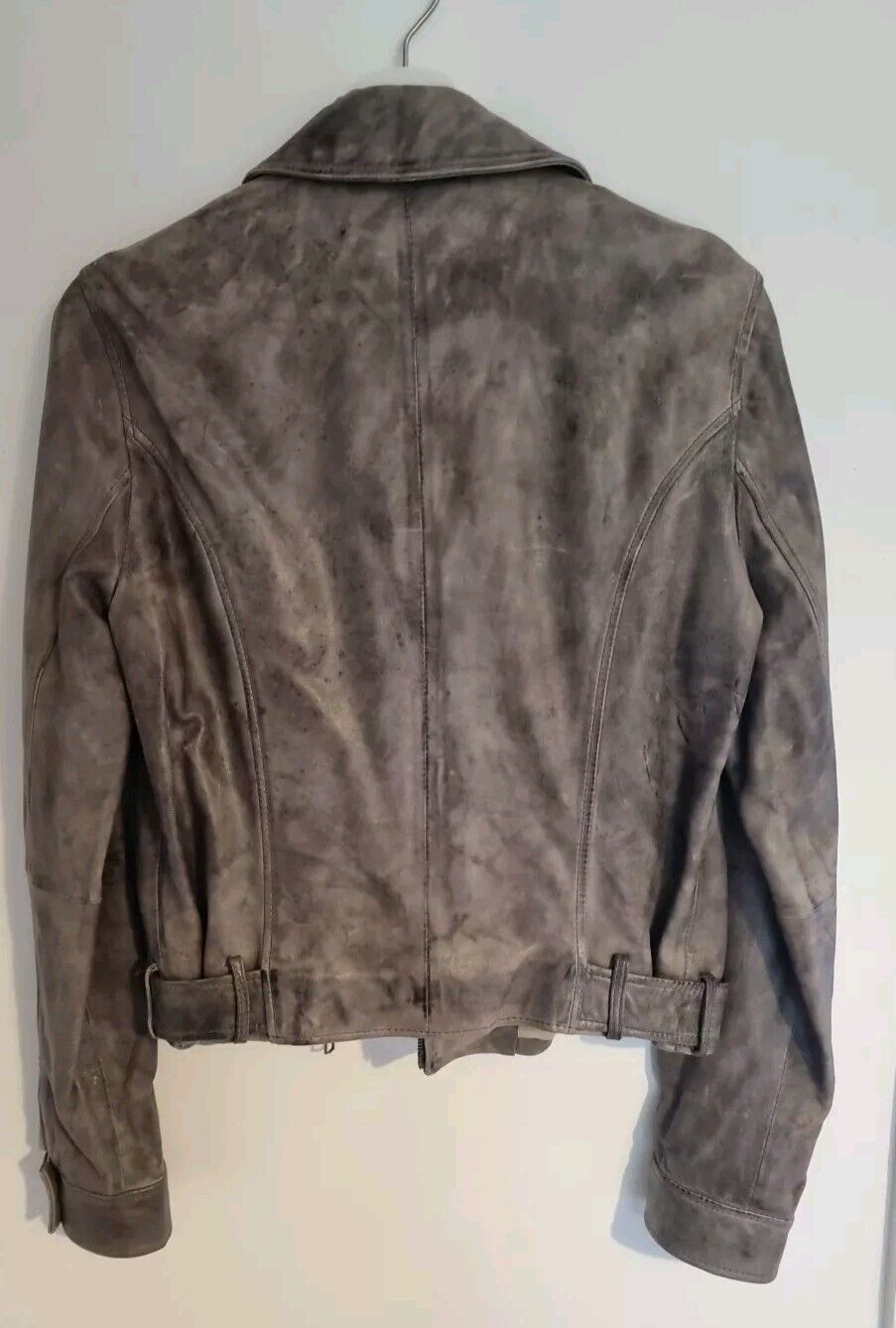 Set Women's Grey Distressed Leather Jacket Size 38 New Unworn