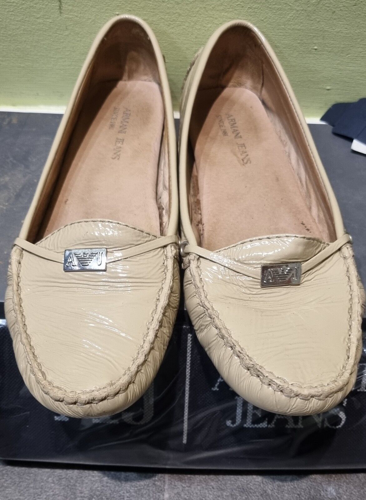 AJ Jeans By Armani Women's Flat Patent Leather Shoes UK 3.5 With Box & Dust Bag