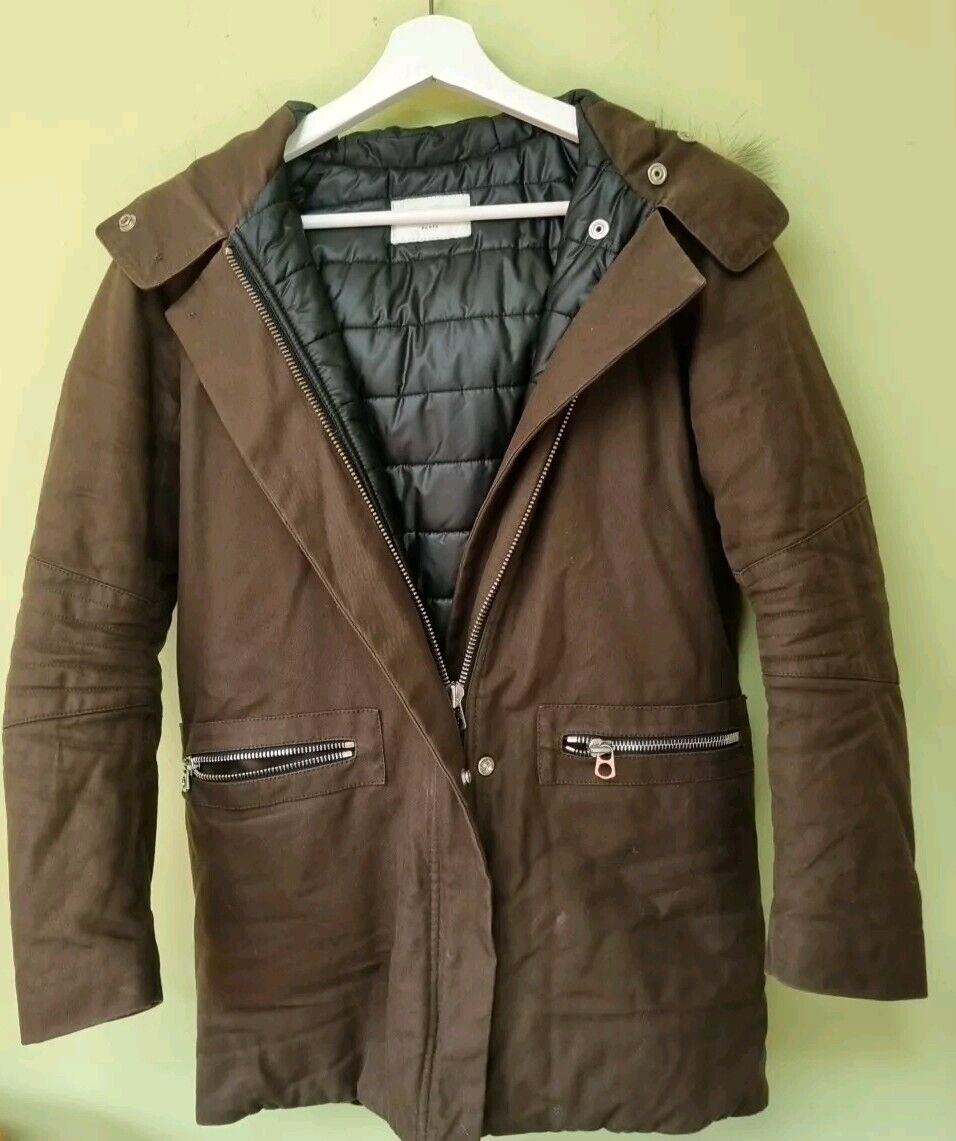 Sandro Women's Brown With Real Fur Lined Hood Coat Jacket Size 1