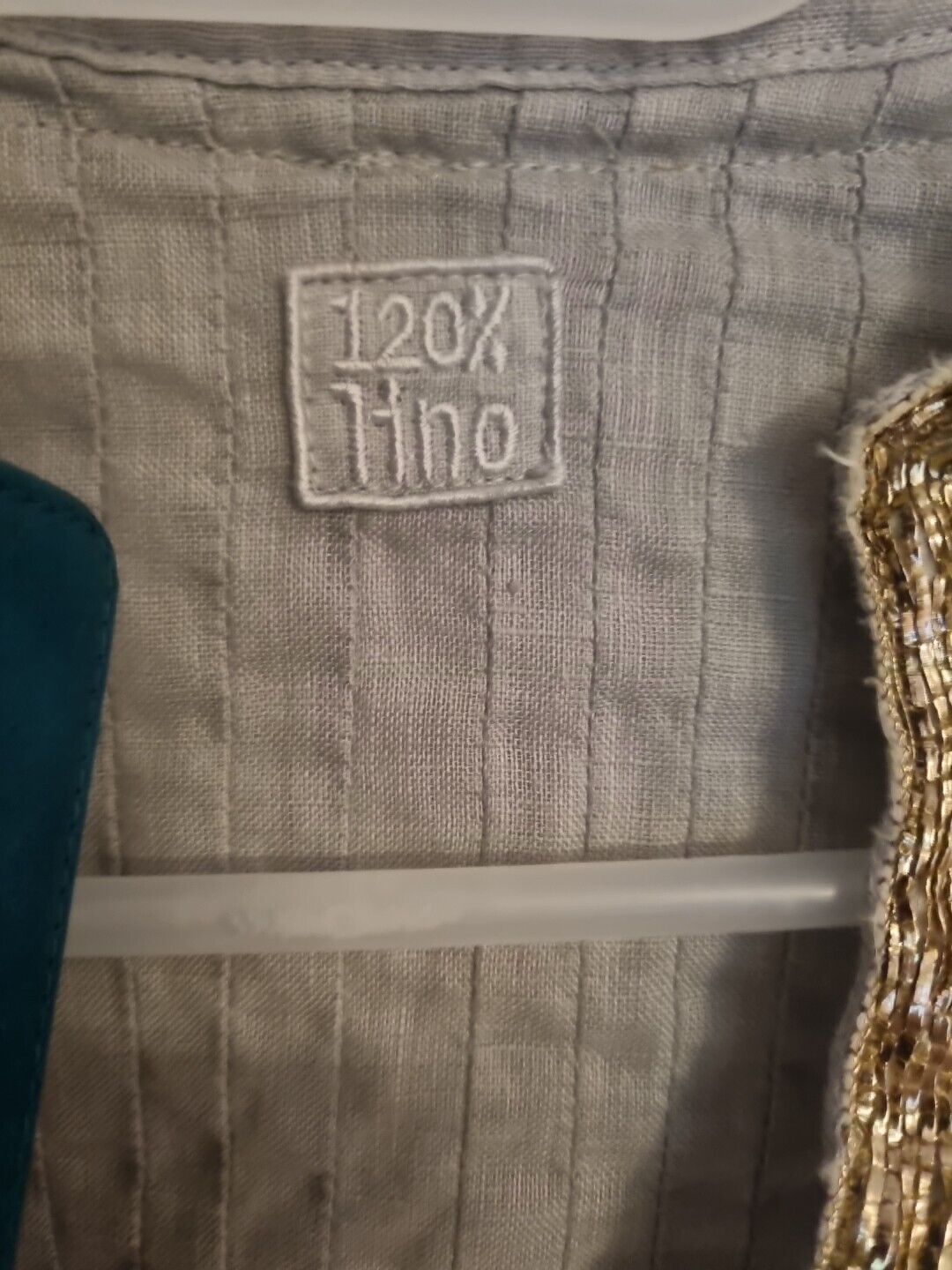 120% Lino Women's Linen, Grey With Gold Neck Tunic Blouse Top Size 44