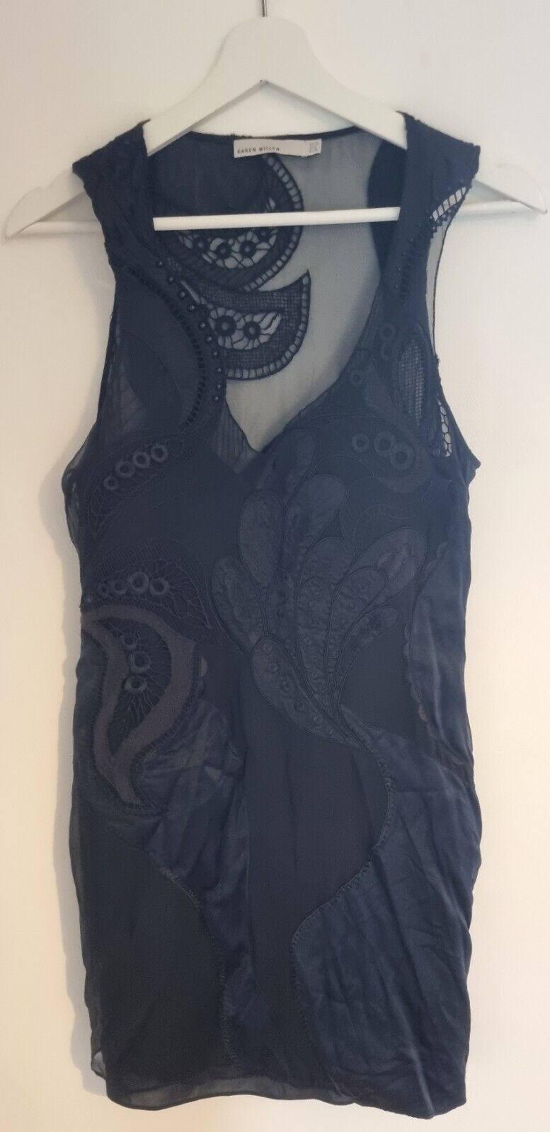 Designer Karen Millen Women's Black Silk Embroidered, Lined, Dress Size 10