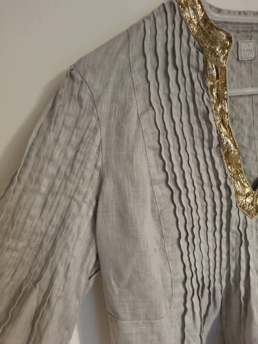 120% Lino Women's Linen, Grey With Gold Neck Tunic Blouse Top Size 44