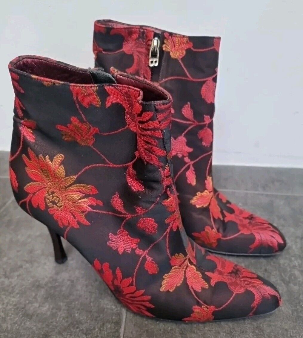 Bally Floral Brocade Stilleto Healed Red & Black Ankle Boots Size UK 6