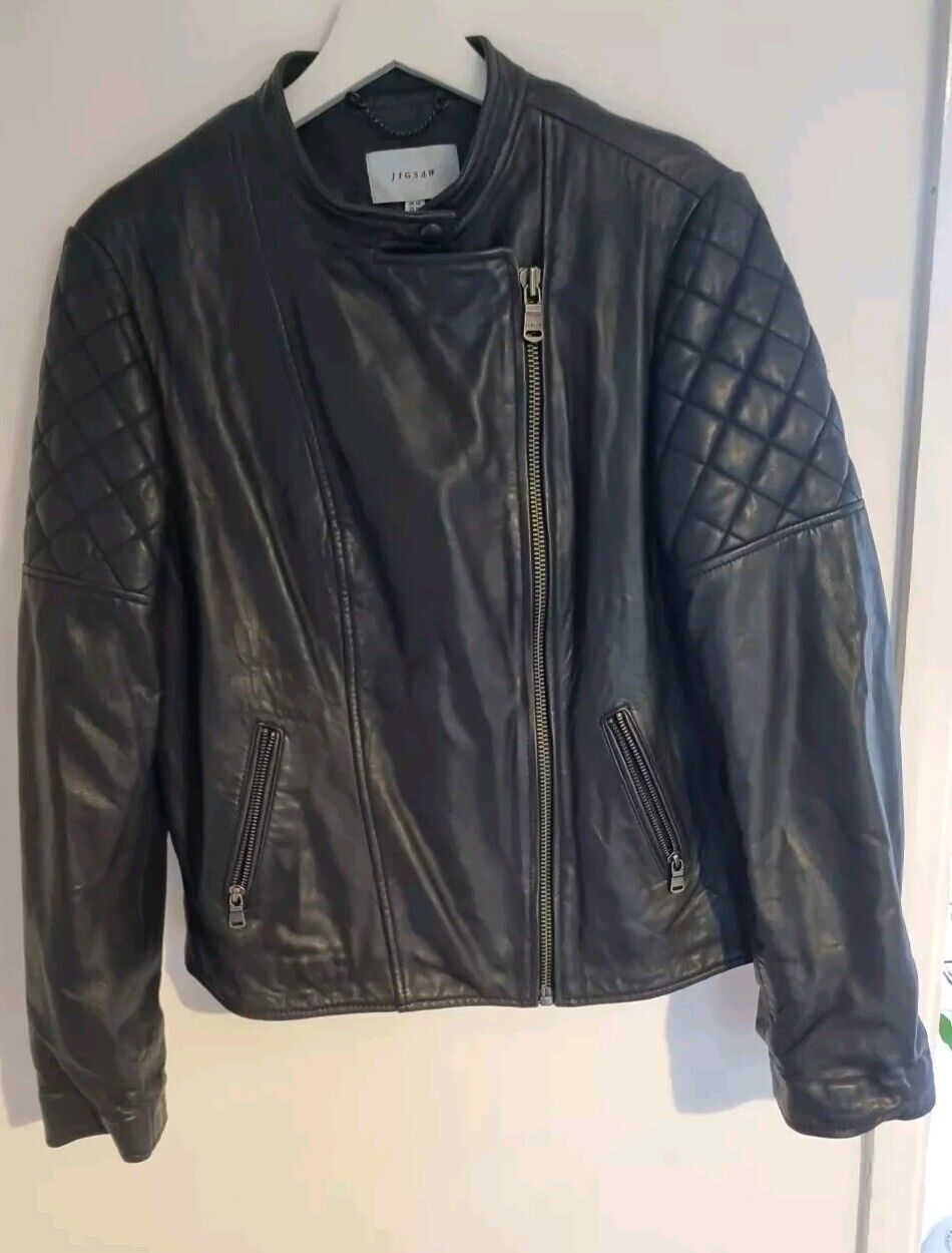 Jigsaw Women's Black 100% Leather Biker Jacket Size 14