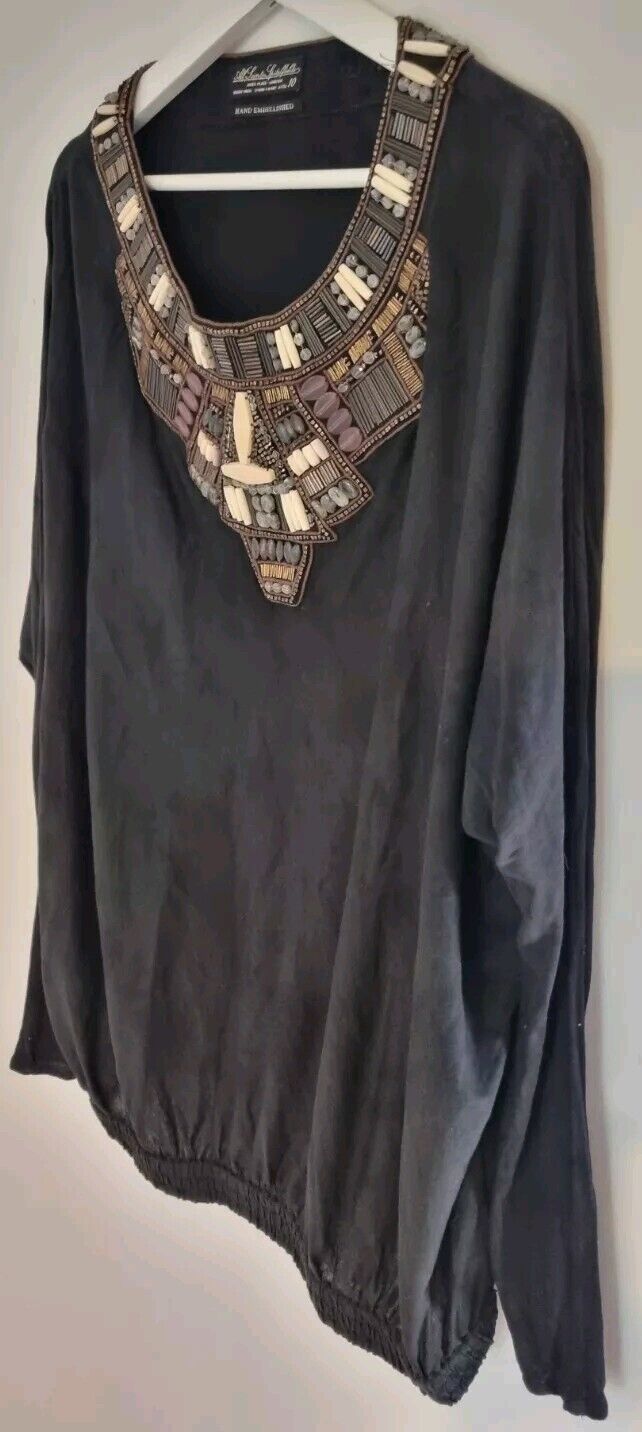 All Saints Spitalfields Women's Black Hand Embellished Beaded Kaftan Top Size 10