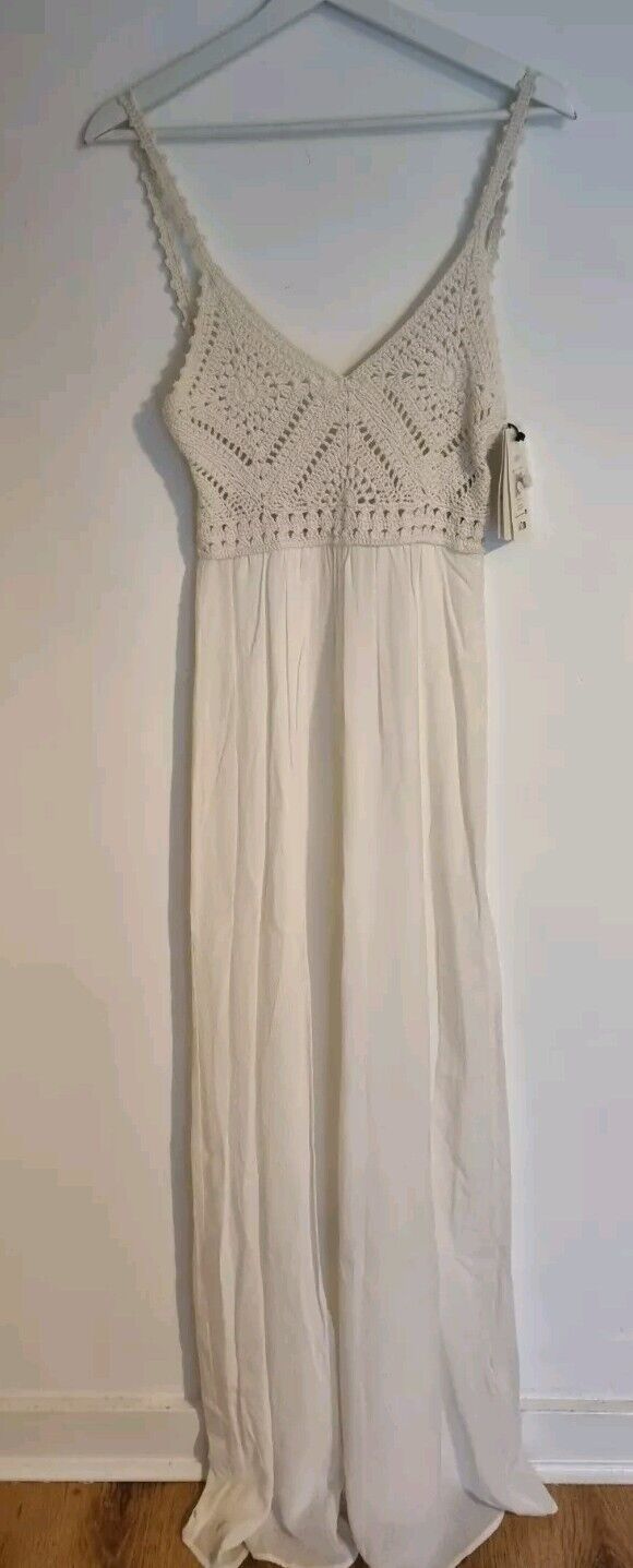 BNWT ba&sh Designer Women's Ivory Crochet Bodice Cotton, Lined, Maxi Dress 0