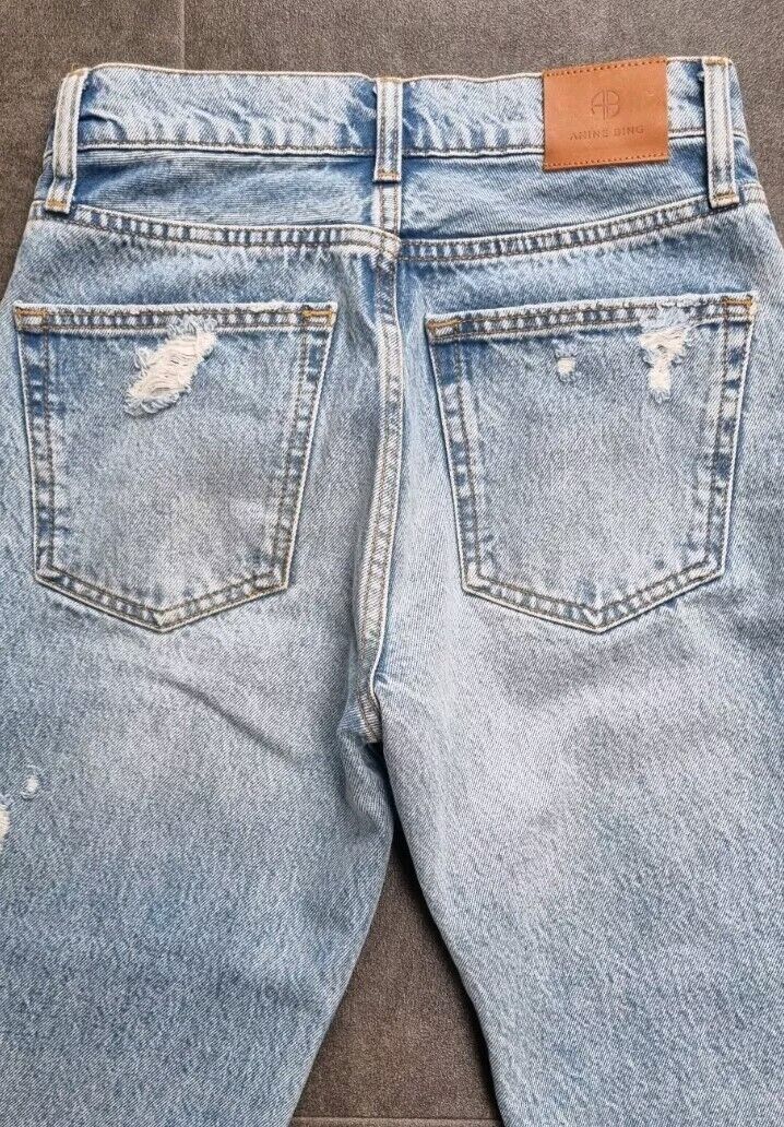 Anine Bing Women's Blue Wide Leg, Button Fly, Ripped, Frayed Ankle Jeans Size 23