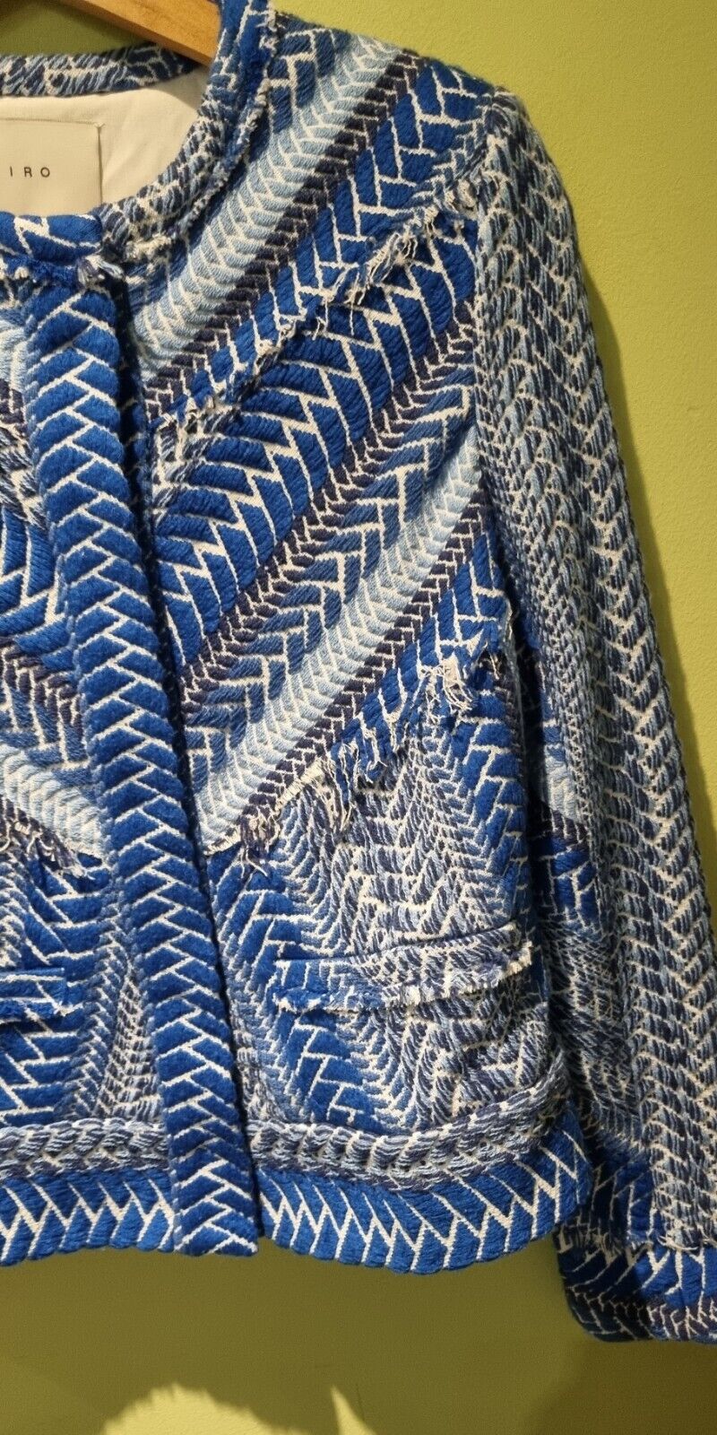 IRO Women's Blue Herringbone, Embroidered, Frayed Jacket Size 36