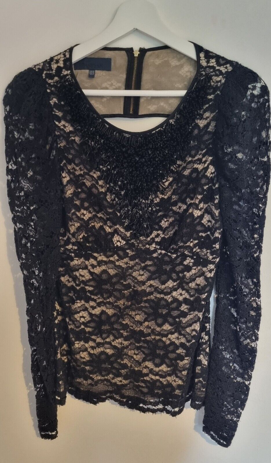 Bastyan Women's Black Lace And Bead Silk Backless Top Size 10