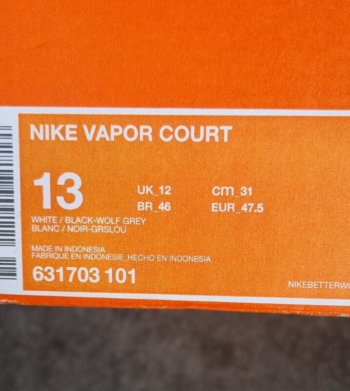 Brand New With Box Nike Mens Vapor Court White, Grey Tennis Trainers Size 12