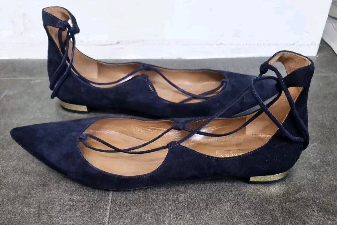 Aquazzura Firenze Women's Very Dark Navy Flat Shoes Size UK 6