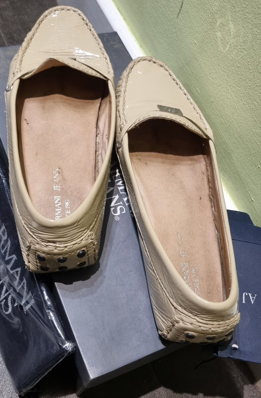 AJ Jeans By Armani Women's Flat Patent Leather Shoes UK 3.5 With Box & Dust Bag