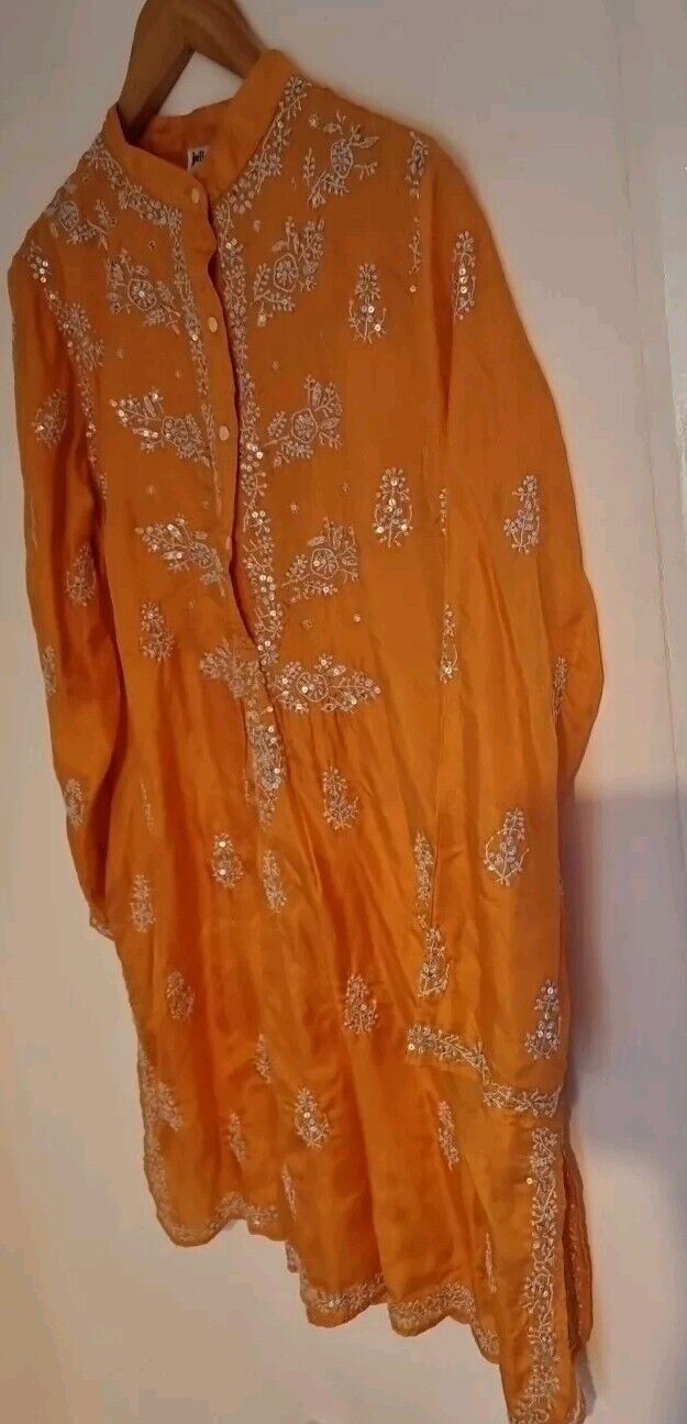 Juliette Dunn Women's Orange Sequinned Embroidered 100% Silk Kaftan Size 3