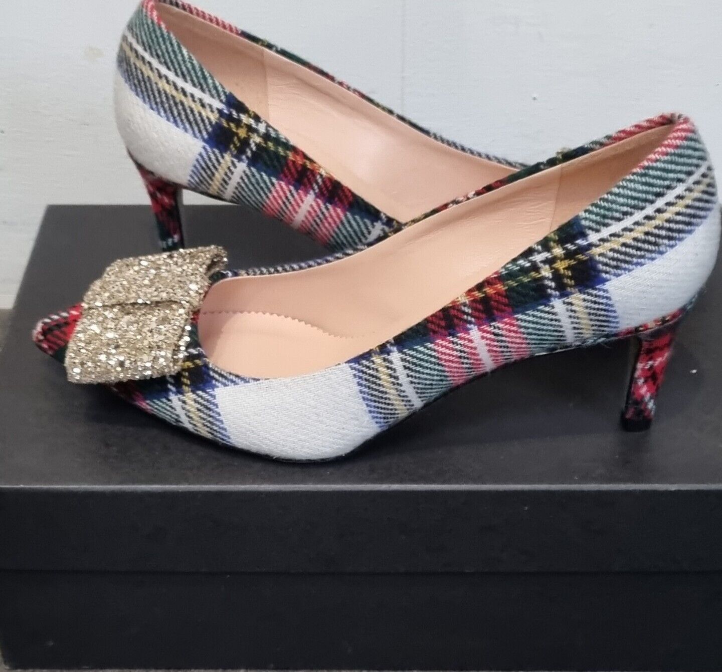 BNWT J Crew Tarten Women's Heals With Glitter Sequinned Bows In Box Size 6