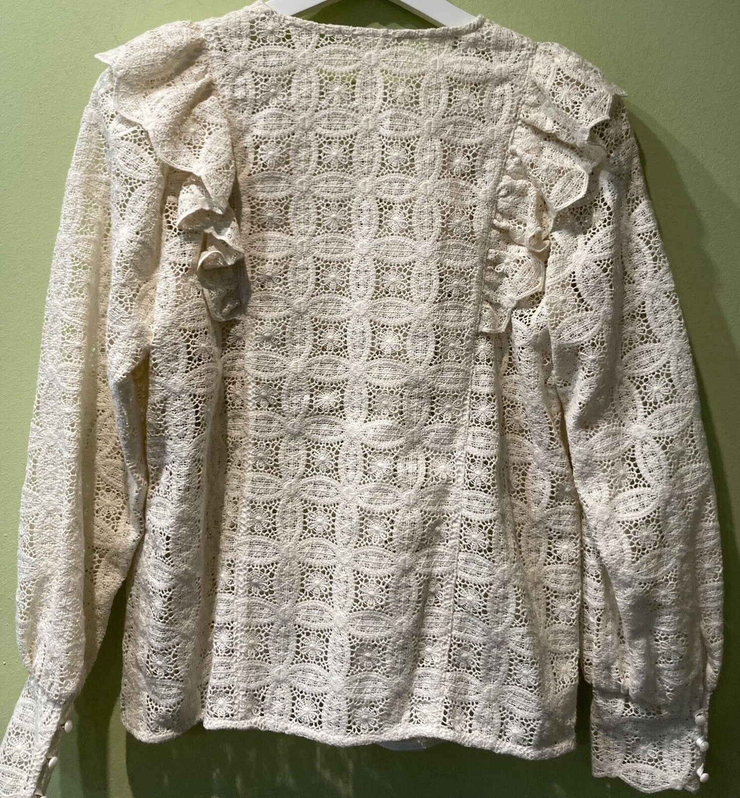 Sezane Women's White Broiderie Anglaise Blouse, Long Sleeved Button Down S