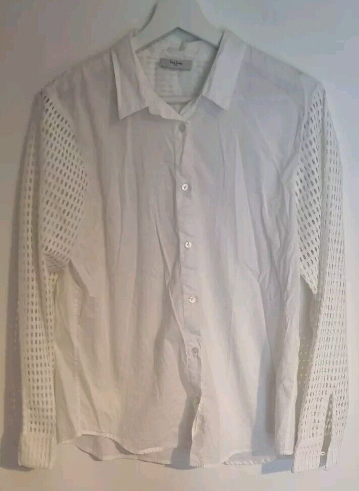 Paul Smith Women's White Long Sleeved Blouse With Holed Sleeves Size 48