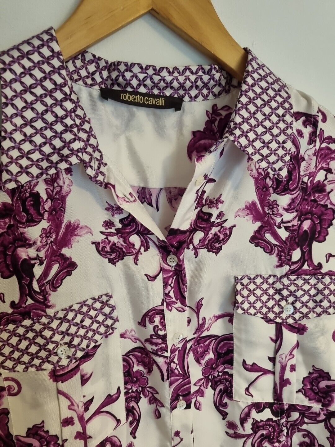 Roberto Cavalli Women's White & Purple Floral Silk Collared Shirt Dress Size 46