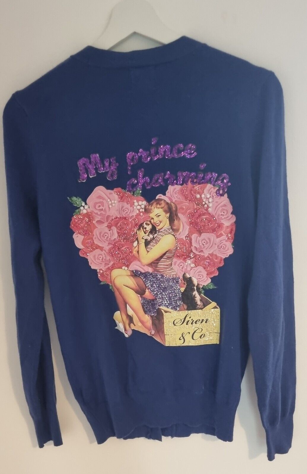 Siren Women's Blue Cardigan With Picture Prints, Beads And Sequins Size 10