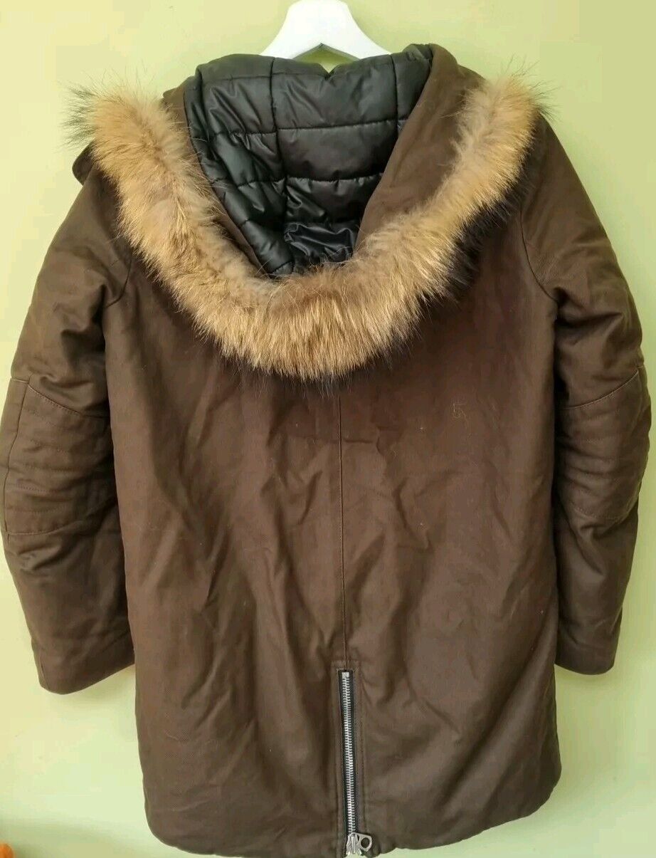 Sandro Women's Brown With Real Fur Lined Hood Coat Jacket Size 1