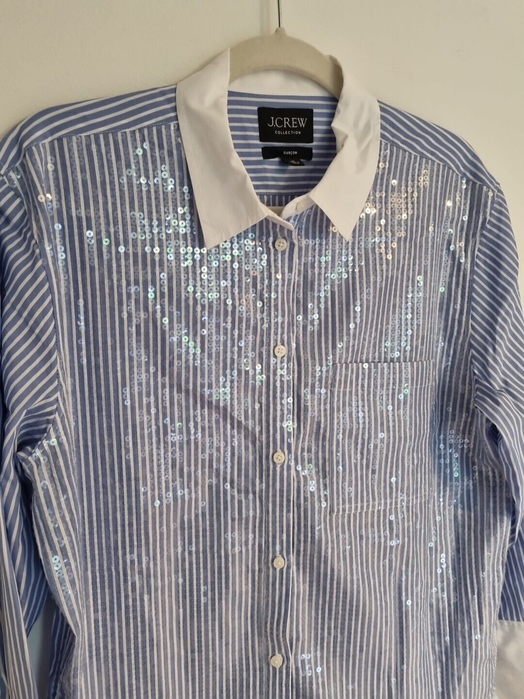J Crew Women's Blue Striped Sequinned Long Sleeved 100% Cotton Shirt Size 10