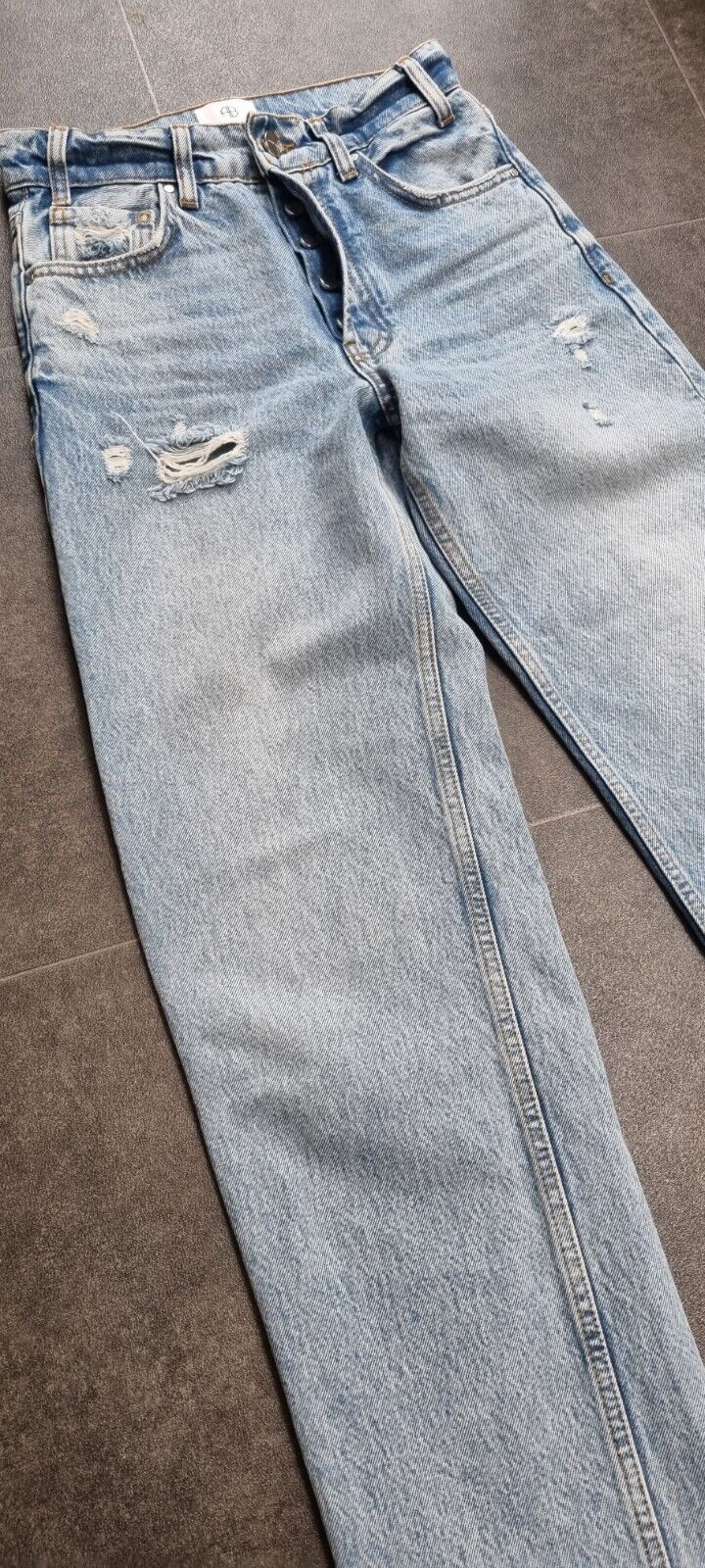 Anine Bing Women's Blue Wide Leg, Button Fly, Ripped, Frayed Ankle Jeans Size 23