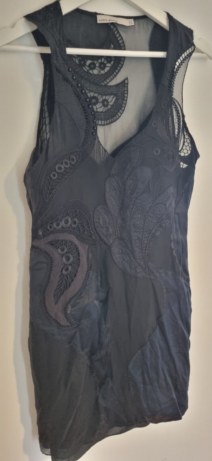 Designer Karen Millen Women's Black Silk Embroidered, Lined, Dress Size 10