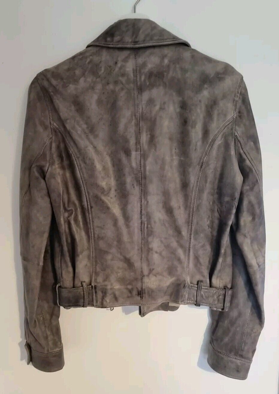 Set Women's Grey Distressed Leather Jacket Size 38 New Unworn