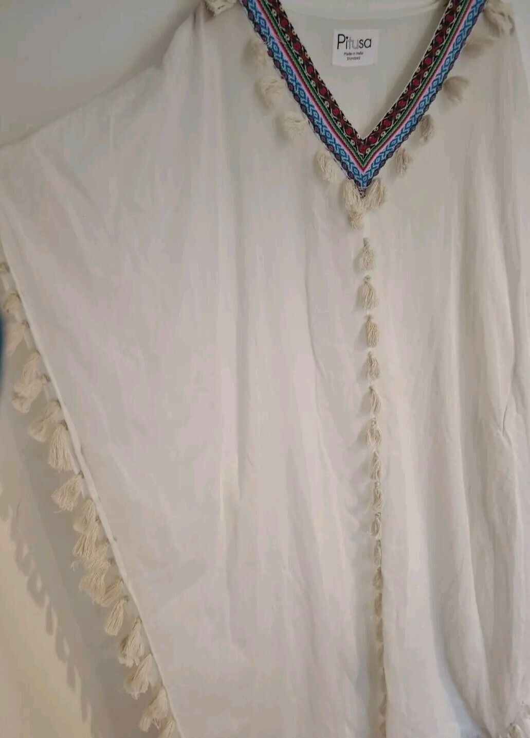 Pitusa Women's White Beach Cover Up Kaftan 100% Cotton Embroidered One Size