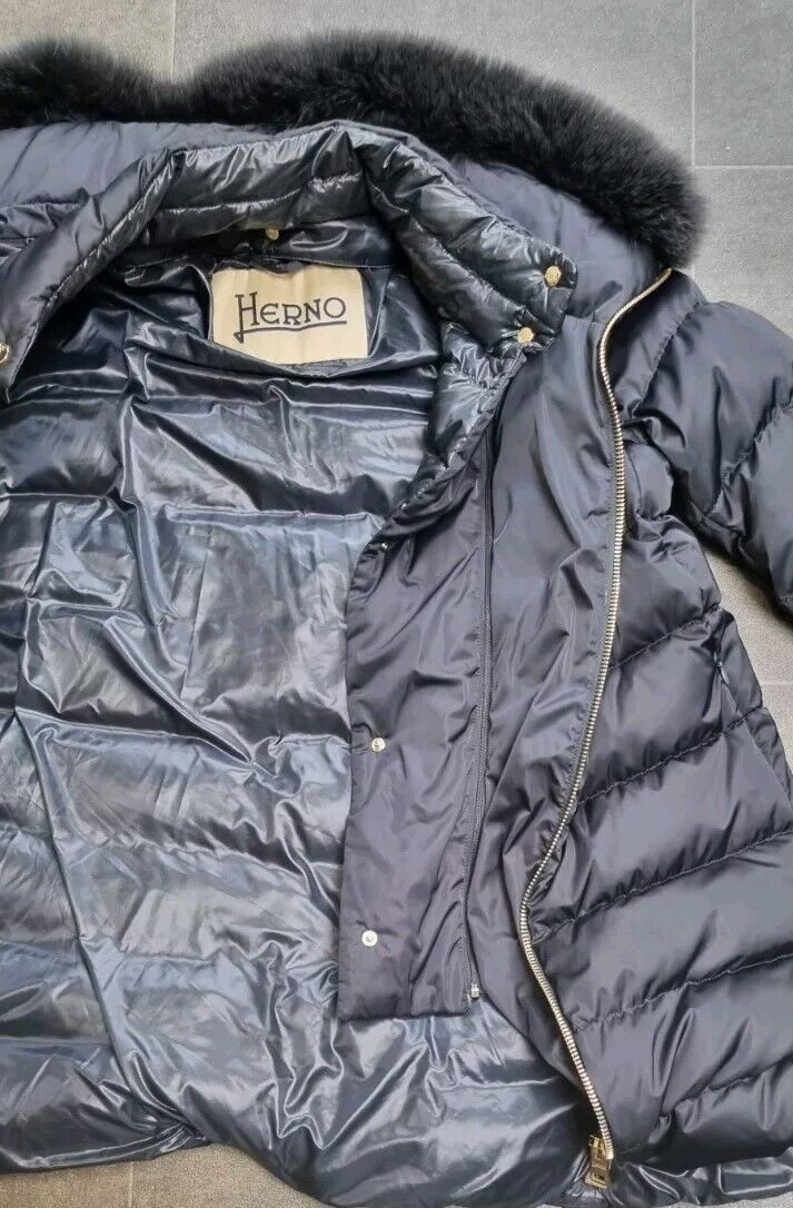 Herno Women's Navy Blue Lightweight Down Insulated Coat Detachable Fur Collar 48